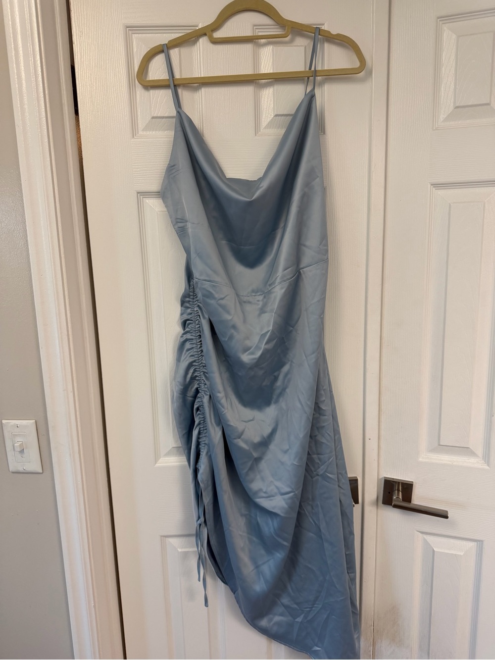 Light Blue Satin Slip Dress with Ruched Side